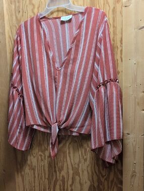 lavender field Rust and White Striped Tie-Front V-Neck Blouse